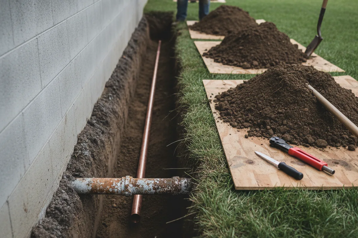 Excavated water line trench during Water Softener Installation in Beverly Hills